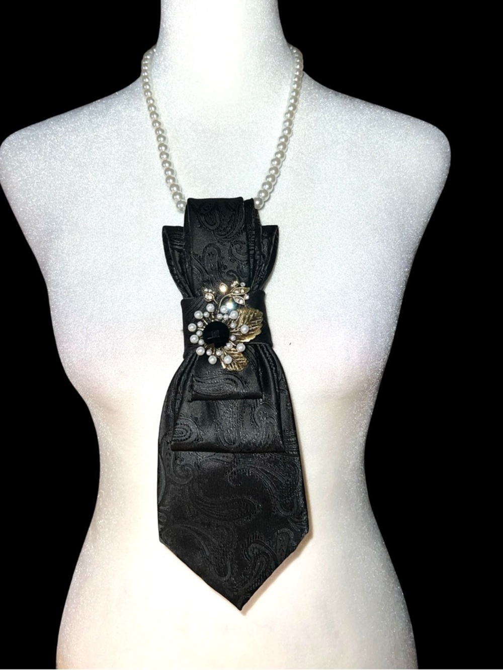 Black Satin Paisley Tie Necklace with Pearl Chain and Gold Brooch